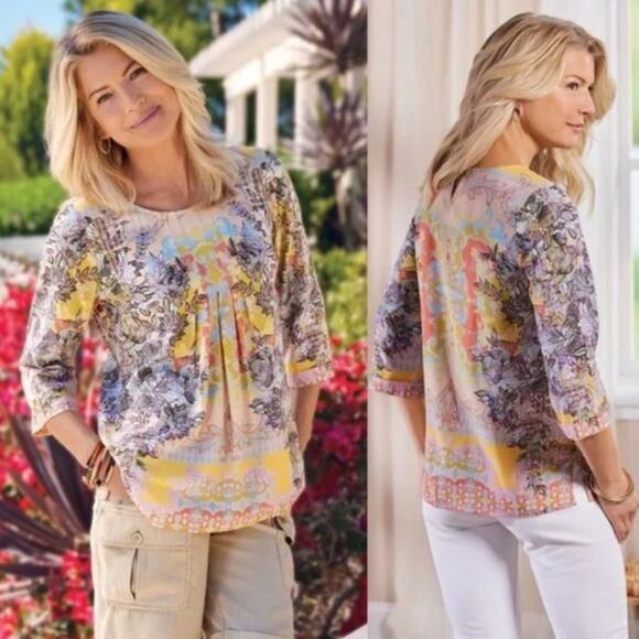 Soft Surroundings Westo Top Yellow Pleated Blouse Boho Artsy Spring Vacation - Picture 2 of 5